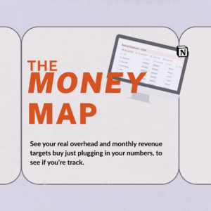 A promotional graphic for The Money Map on a lavender background. Bold orange text reads "The Money Map" alongside a tilted screenshot of an Annual Expenses database listing active subscriptions including Claude Pro, ChatGPT, QuickBooks, and Xero with their monthly prices. A tagline below reads: "See your real overhead and monthly revenue targets by just plugging in your numbers, to see if you're on track."