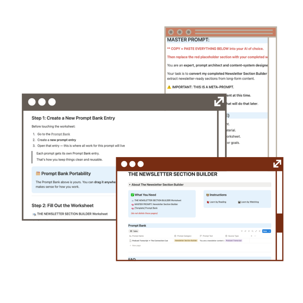 Three overlapping screenshots showing the contents of The Content Prompt Engine. The back screenshot shows the Prompt Bank database table where completed prompts are saved by name. The center screenshot shows the Master Prompt page — a tool for generating platform-specific AI prompts by copying the master prompt into ChatGPT along with a completed worksheet. The front screenshot shows the Content Prompt Engine Worksheet itself with the Before You Start and How to Use This Worksheet instruction panels and the beginning of Part 1.