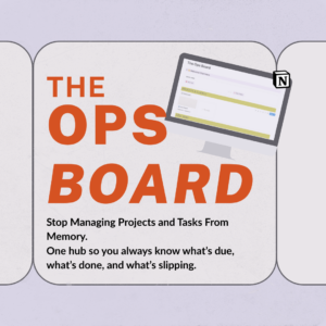 A promotional graphic for The Ops Board on a lavender background. Bold orange text reads "The Ops Board" alongside a tilted screenshot of the Notion template. A tagline below reads: "Stop Managing Projects and Tasks From Memory. One hub so you always know what's due, what's done, and what's slipping."