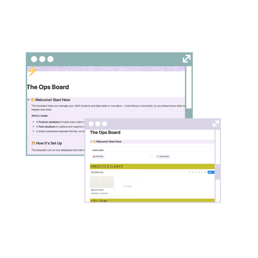 wo overlapping screenshots of The Ops Board Notion template. The back screenshot shows the expanded Welcome section explaining the template's three components: a Projects database, a Task database, and a smart connection between the two, followed by a "How It's Set Up" section. The front screenshot shows the main template view with Quick Links, the Projects & Clients gallery, and the Task Dump section.