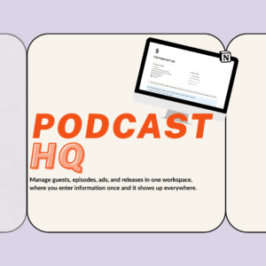 A promotional graphic for The Podcast HQ on a cream background with a lavender border. Bold orange text reads "Podcast HQ" alongside a tilted screenshot of the Notion template hub. A tagline below reads: "Manage guests, episodes, ads, and releases in one workspace, where you enter information once and it shows up everywhere."