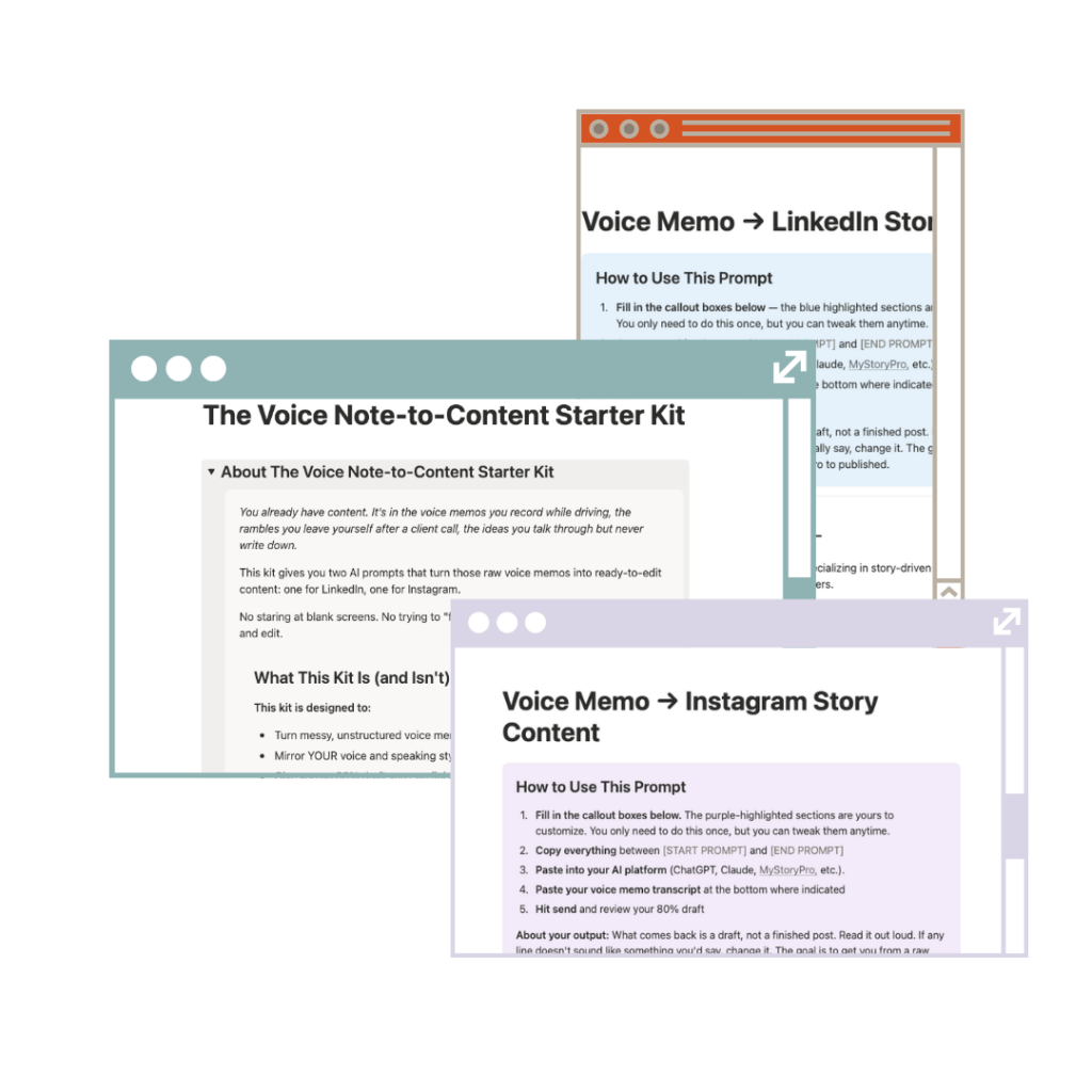 Three overlapping screenshots showing the contents of the Voice Note-to-Content Starter Kit: the main Notion template hub (center), a Voice Memo to LinkedIn Story Content prompt template with a coral-colored header (top right), and a Voice Memo to Instagram Story Content prompt template with a purple header (bottom right). Both prompt templates include identical five-step instructions for filling in customizable callout boxes, copying the prompt into an AI platform like ChatGPT or Claude, pasting a voice memo transcript, and reviewing the resulting 80% draft.